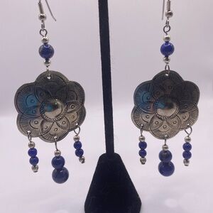 NWT Hand-Made Silver and Lapis Blue Floral Dangle Earrings